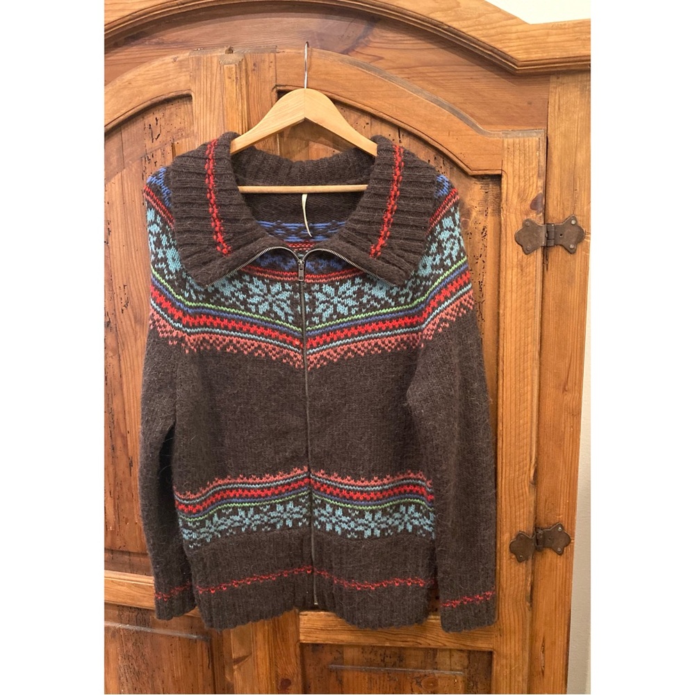Free People Alpaca Wool Brown Nordic Zip Up Sweater
